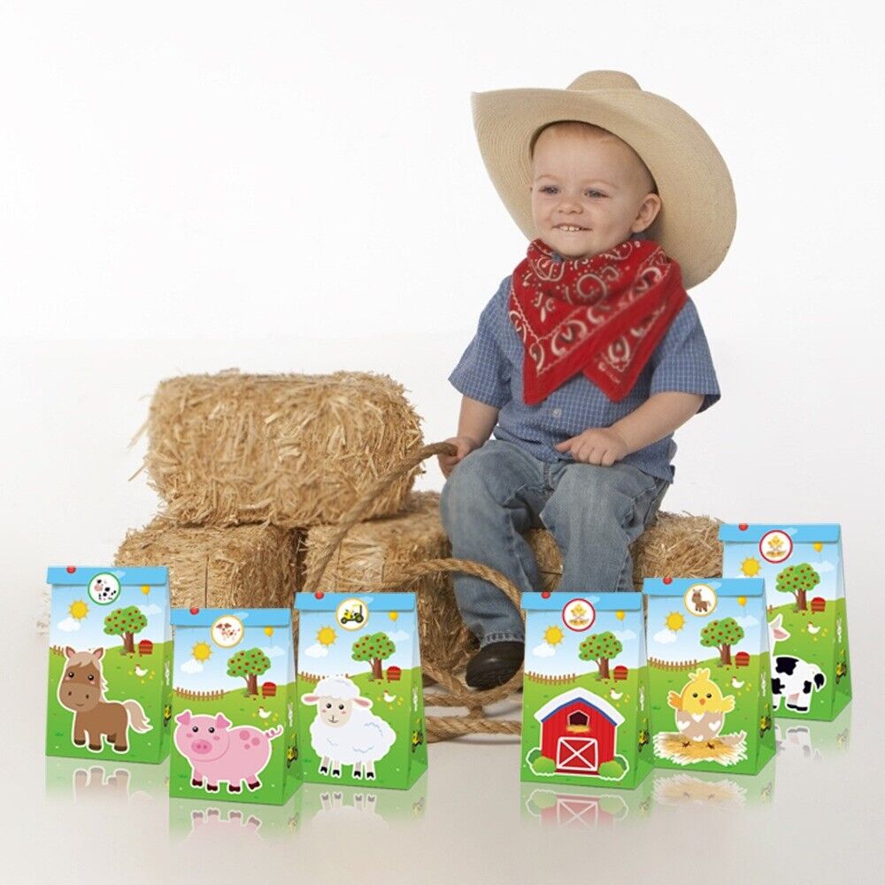 Farm Animals Paper Gift Bags with Mini Stickers 12 Pack