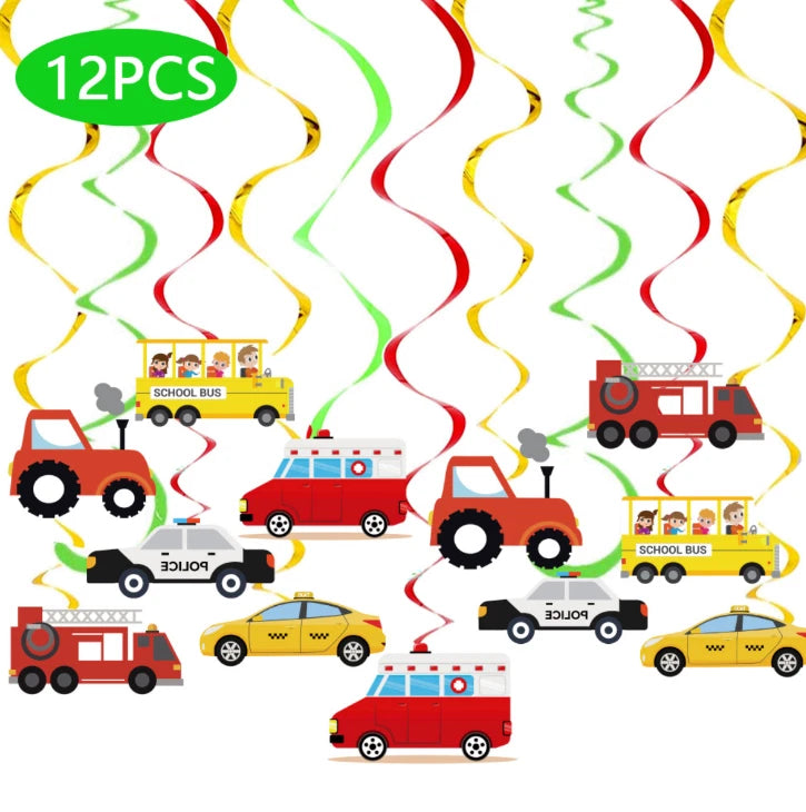 Transportation Vehicles Birthday Party Decoration Set – Banner Hanging Swirls Cupcake Toppers