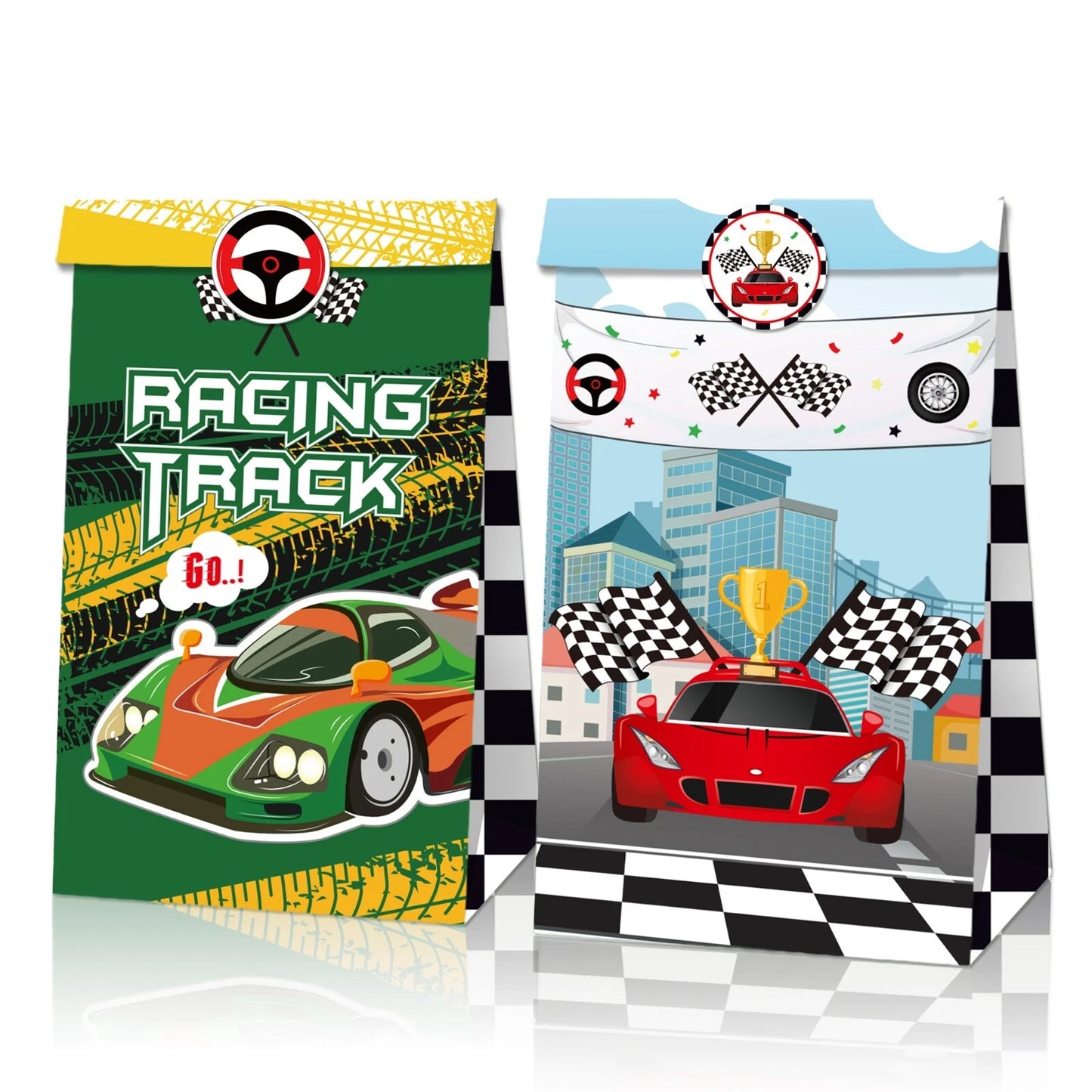 Racing Car Theme Paper Gift Bags with Mini Stickers 12 Pack