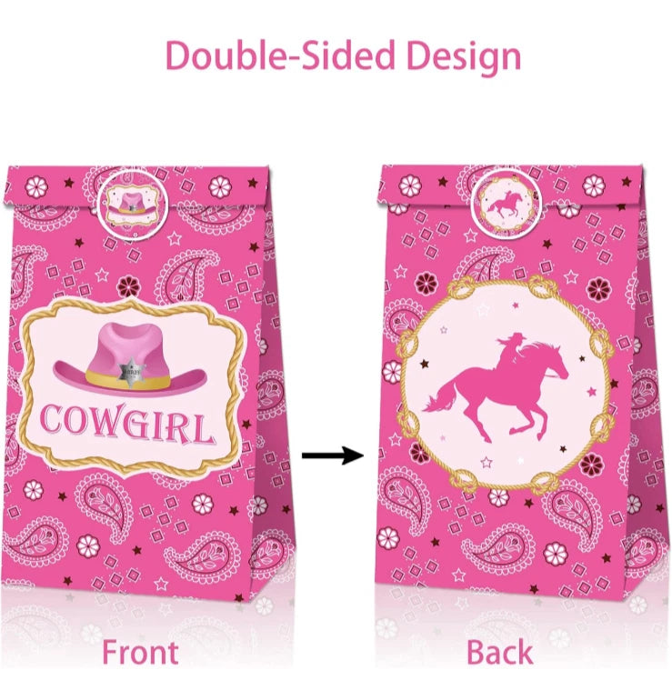 Wild West Cowgirl Paper Gift Bags with Mini Stickers 12 Pack