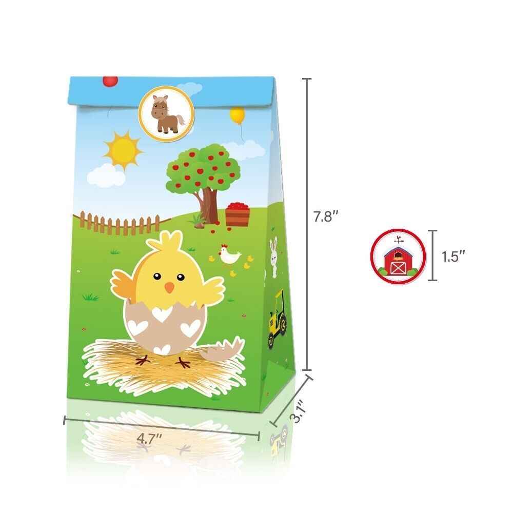 Farm Animals Paper Gift Bags with Mini Stickers 12 Pack