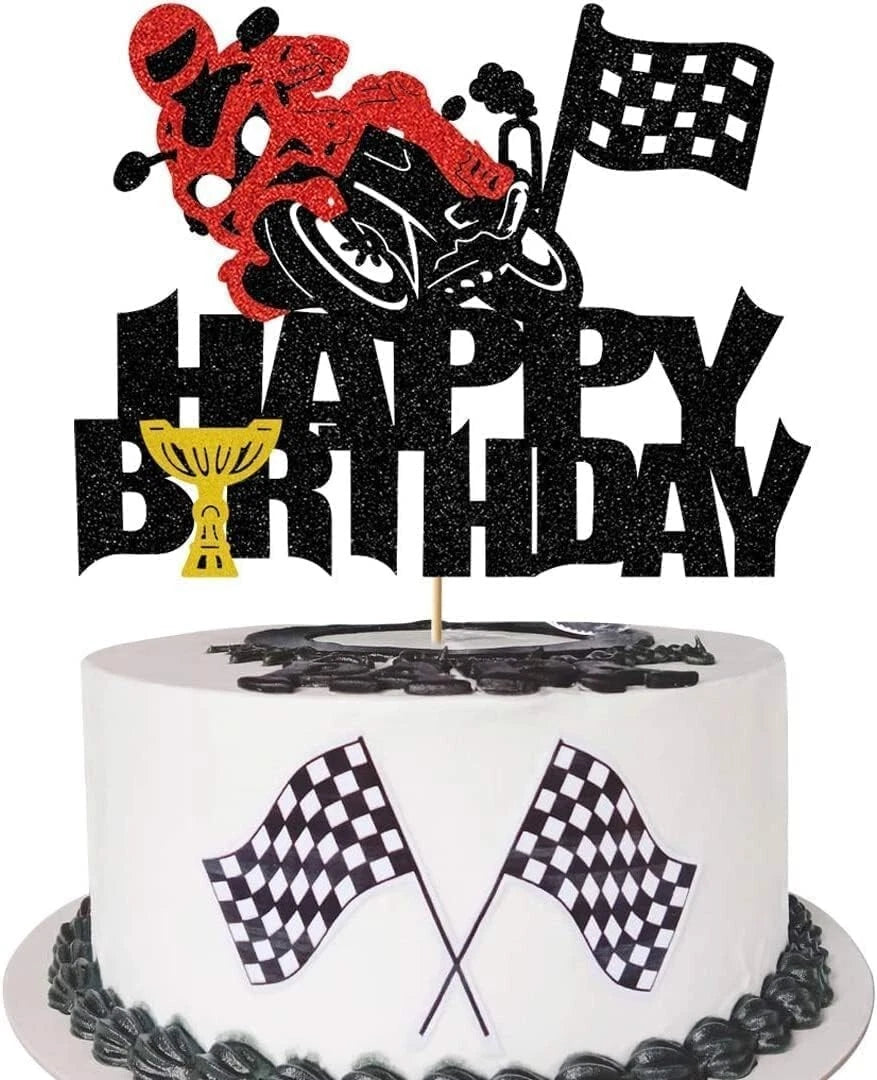 Motorbike Theme Glitter Birthday Cake Topper