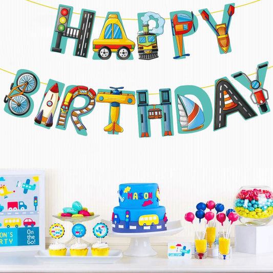 Transportation Vehicles Birthday Decoration Set | Banner Balloons Cake Toppers