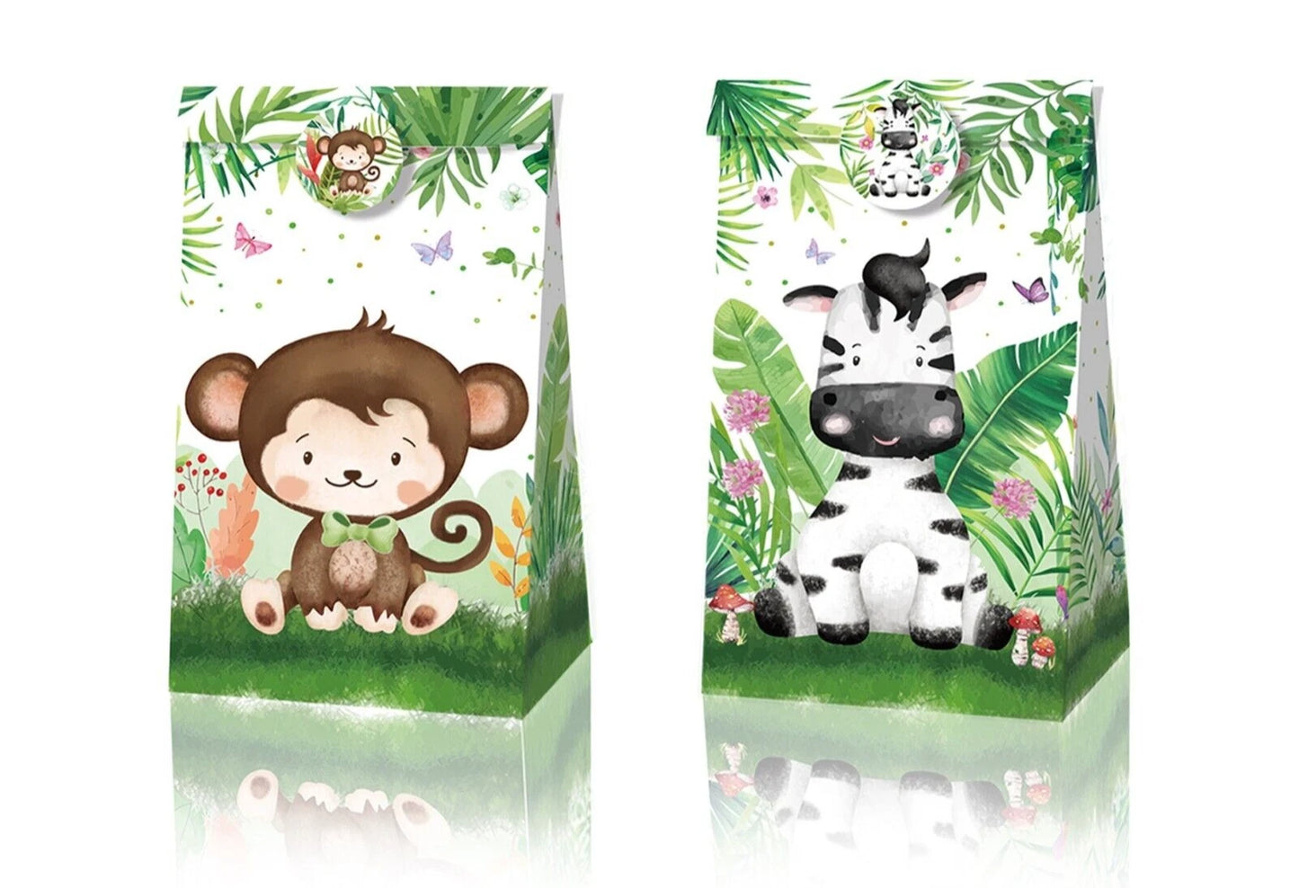 Jungle Animals Paper Gift Bags with Mini Stickers 12 Pack