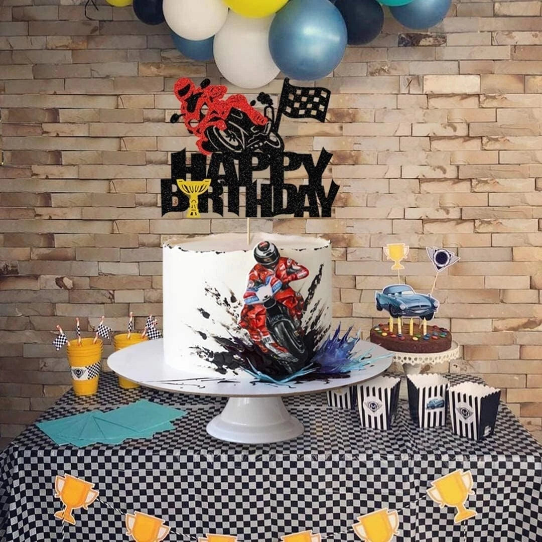 Motorbike Theme Glitter Birthday Cake Topper