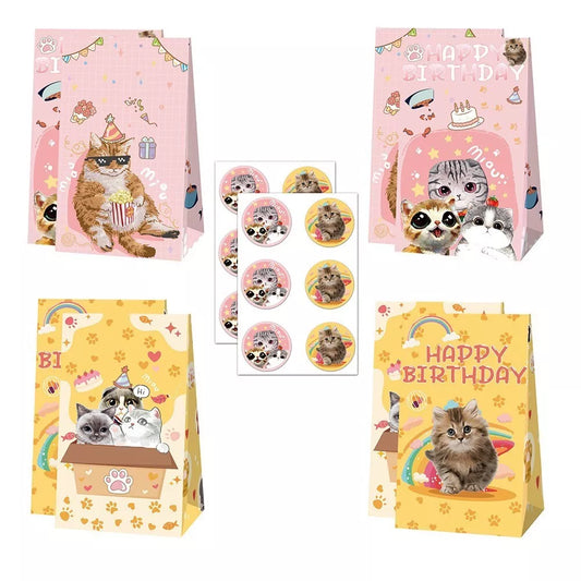 Cute Cats and Kittens Paper Gift Bags with Mini Stickers 12 Pack