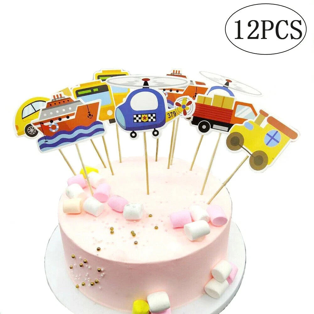 Transportation Vehicles Birthday Party Decoration Set – Banner Hanging Swirls Cupcake Toppers