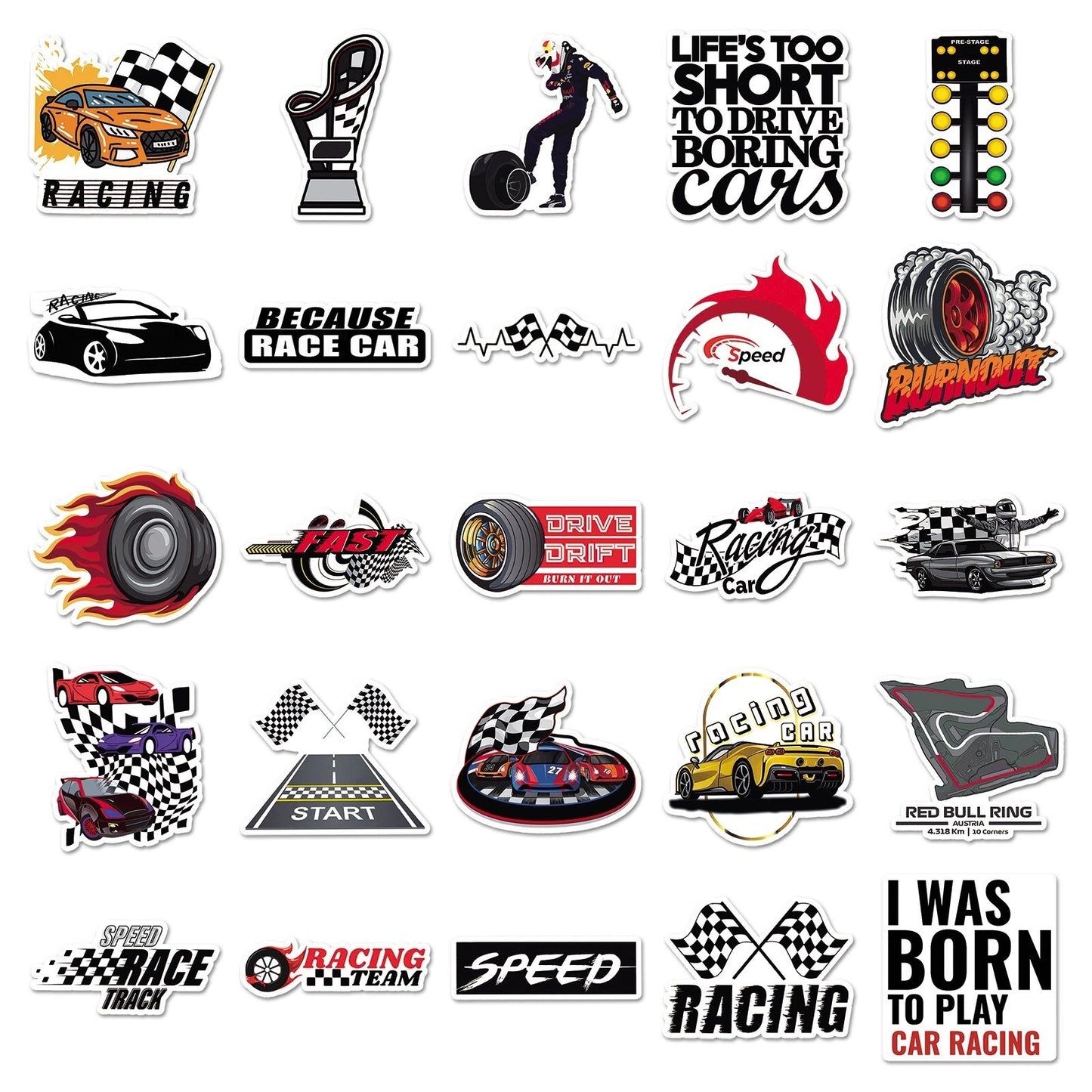 Racing Car Theme Vinyl Stickers 50 Pack