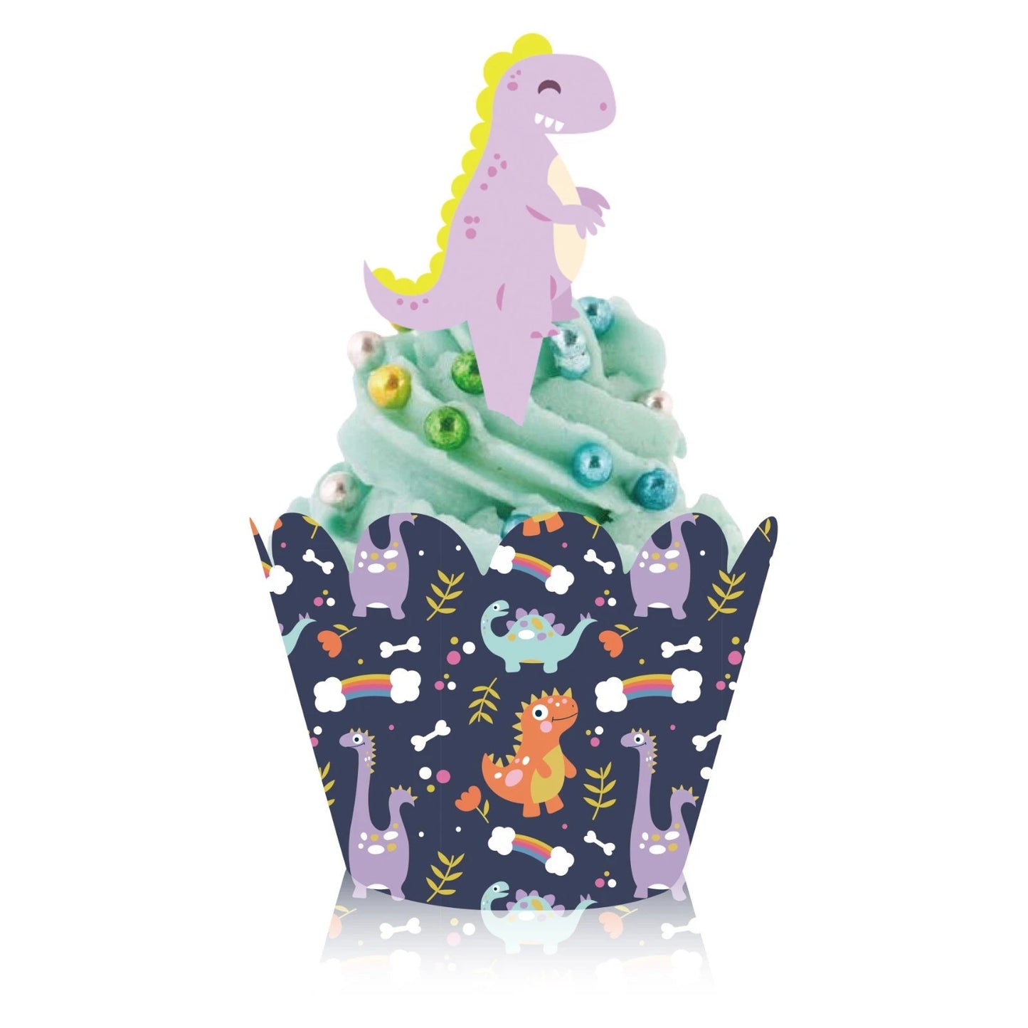 Pack of 12 Cartoon Cute Dinosaur Cupcake Toppers with Wrappers
