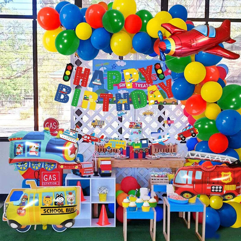 Transportation Vehicles Party Decoration Set | Banner Balloon garland Cake Toppers