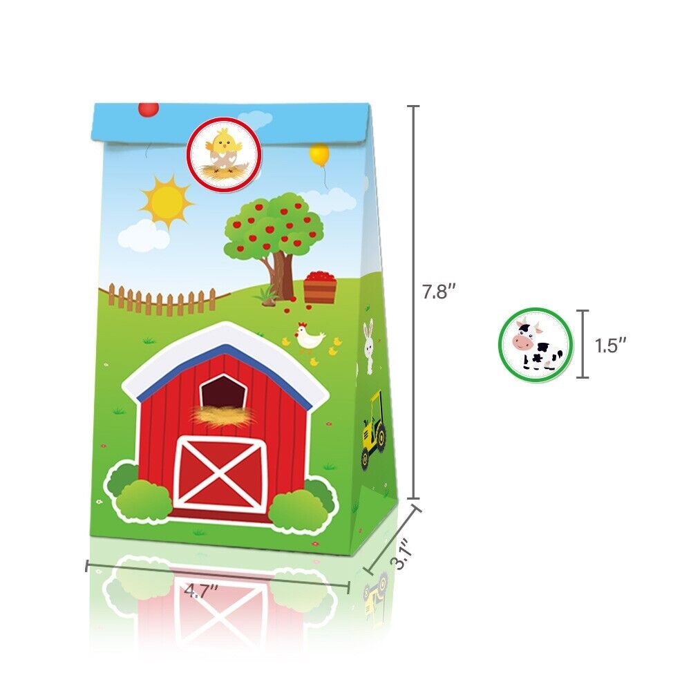 Farm Animals Paper Gift Bags with Mini Stickers 12 Pack