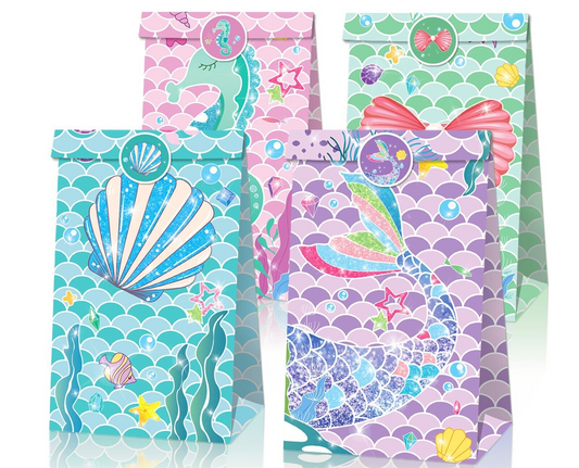 Mermaid Under the Sea Paper Gift Bags with Mini Stickers 12 Pack