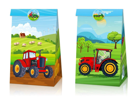 Tractor Theme Paper Gift Bags with Mini Stickers 12 Pack