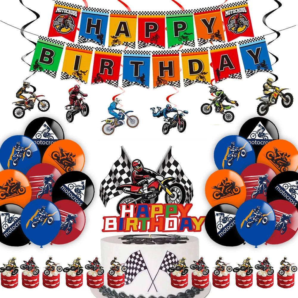 Motorbike Motocross Birthday Decoration Set - Banner Swirls Balloons Cake Toppers