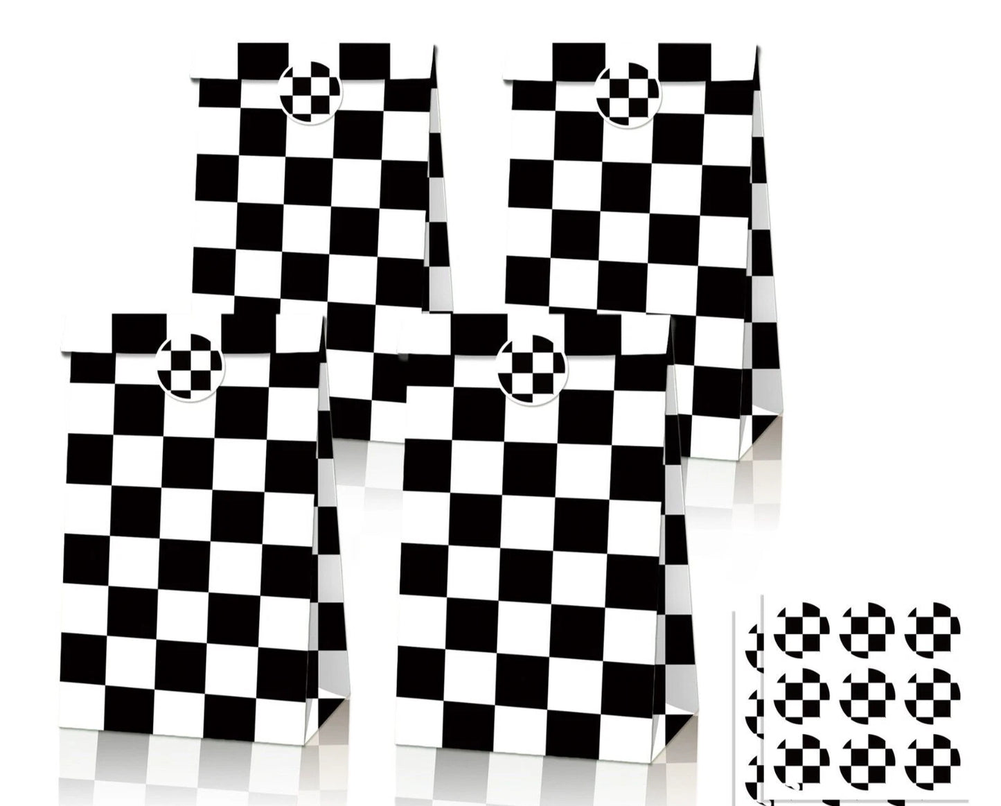 Checkered Print Paper Gift Bags with Mini Stickers (Pack of 12)