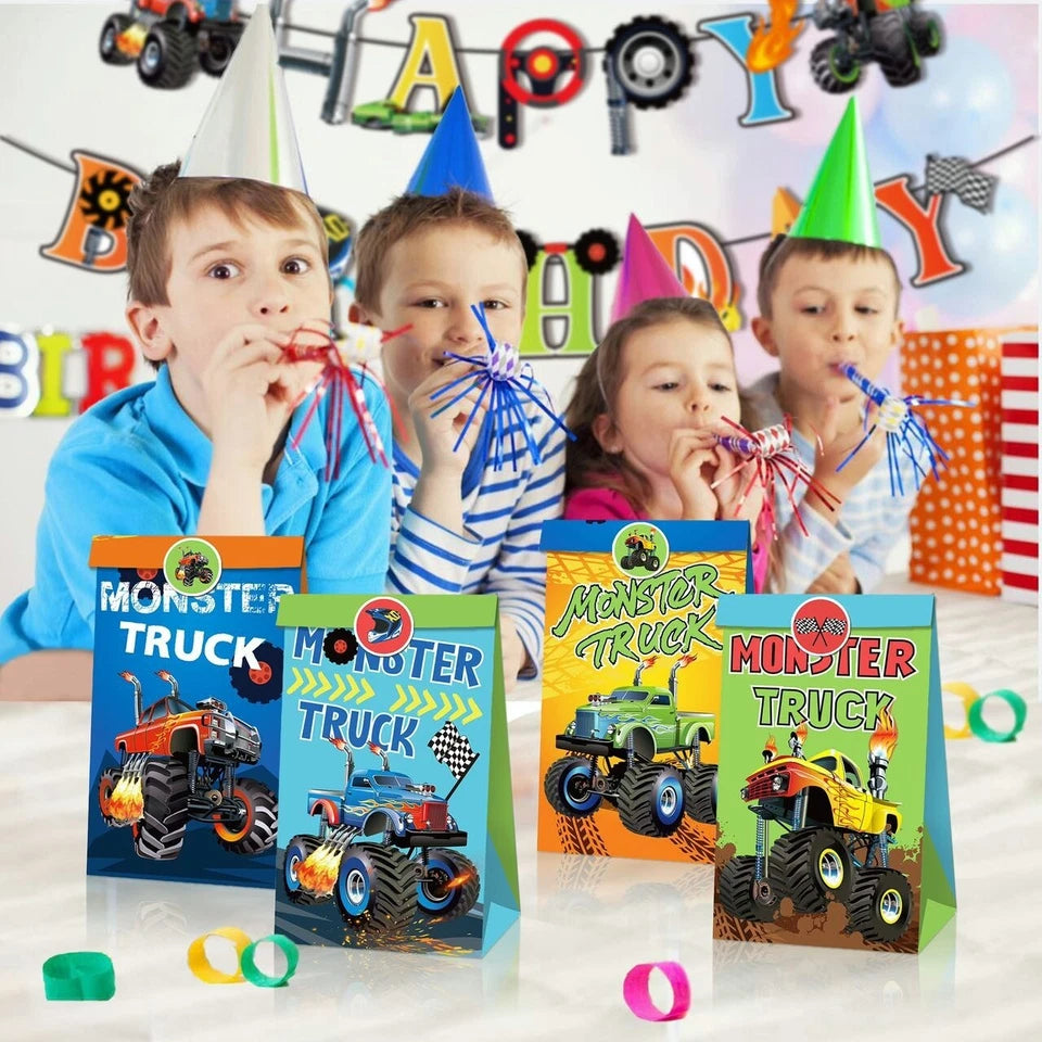 Monster Truck Paper Gift Bags with Sealing Stickers 12 Pack