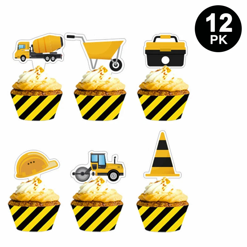 33pcs Construction Truck Theme Party Set | Backdrop Banner Cake Toppers Balloons Tablecloth