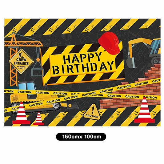 Construction Truck Theme Party Set | Backdrop Cake Toppers Balloons Tablecloth