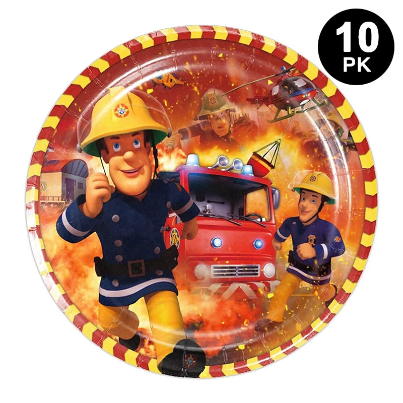 Fireman Fire Truck Theme 23cm 9 inch Round Paper Plates 10 Pack