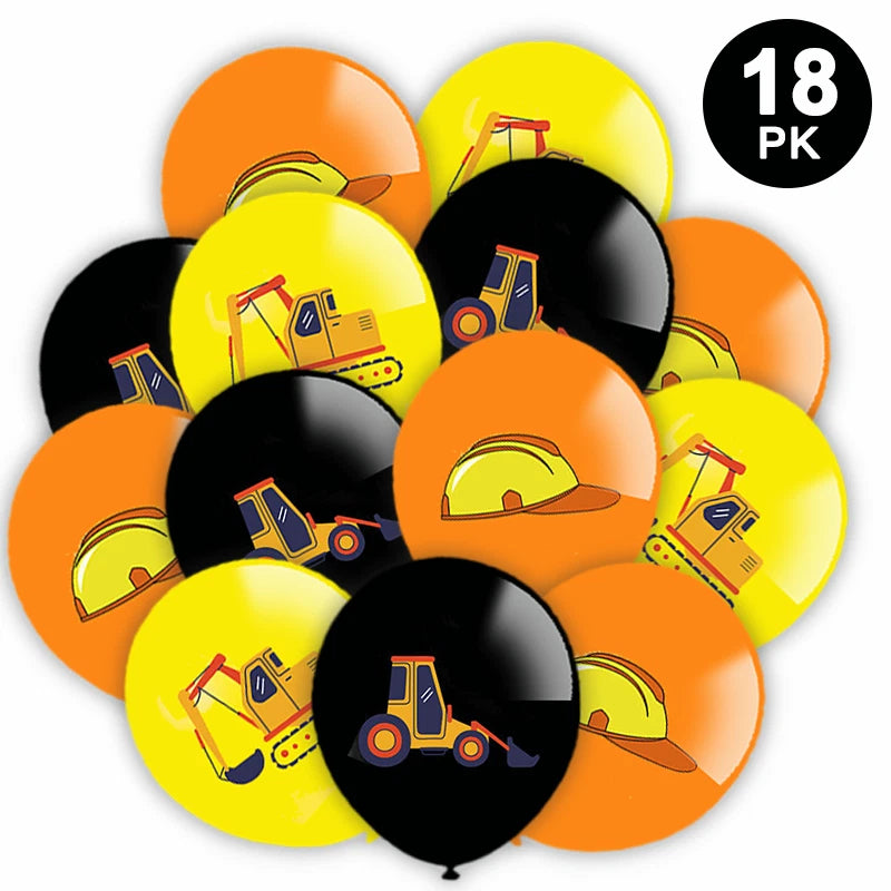 33pcs Construction Truck Theme Party Set | Backdrop Banner Cake Toppers Balloons Tablecloth