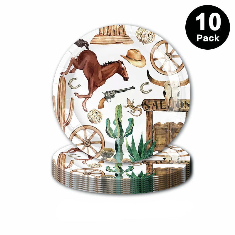 Western Cowboy Horse Theme 9 inch 23cm Paper Plates Round 10 Pack