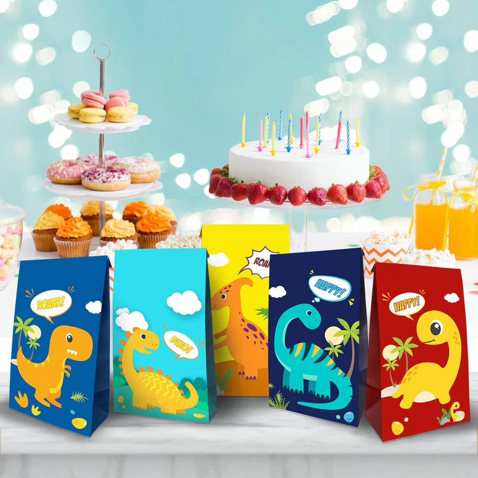 Cartoon Dinosaur Paper Gift Bags with Mini Stickers 12PK