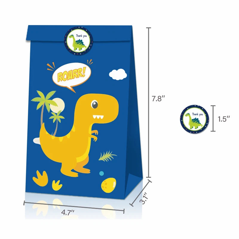 Cartoon Dinosaur Paper Gift Bags with Mini Stickers 12PK