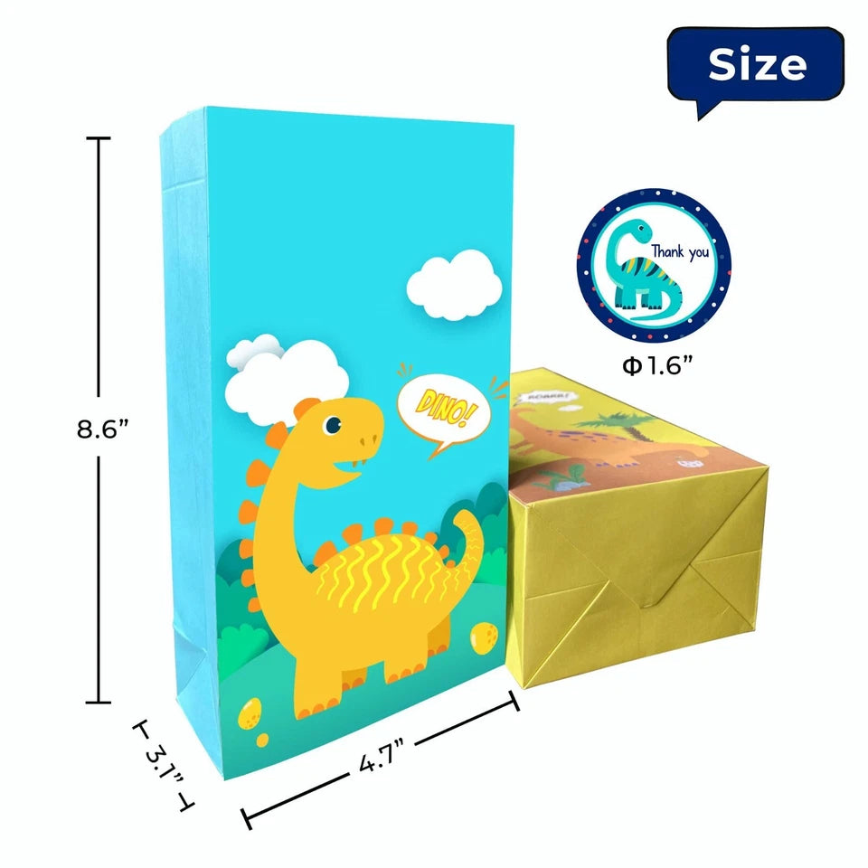 Cartoon Dinosaur Paper Gift Bags with Mini Stickers 12PK