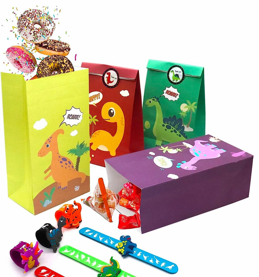 Cartoon Dinosaur Paper Gift Bags with Mini Stickers 12PK