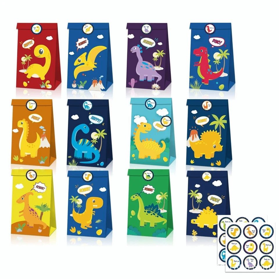 Cartoon Dinosaur Paper Gift Bags with Mini Stickers 12PK