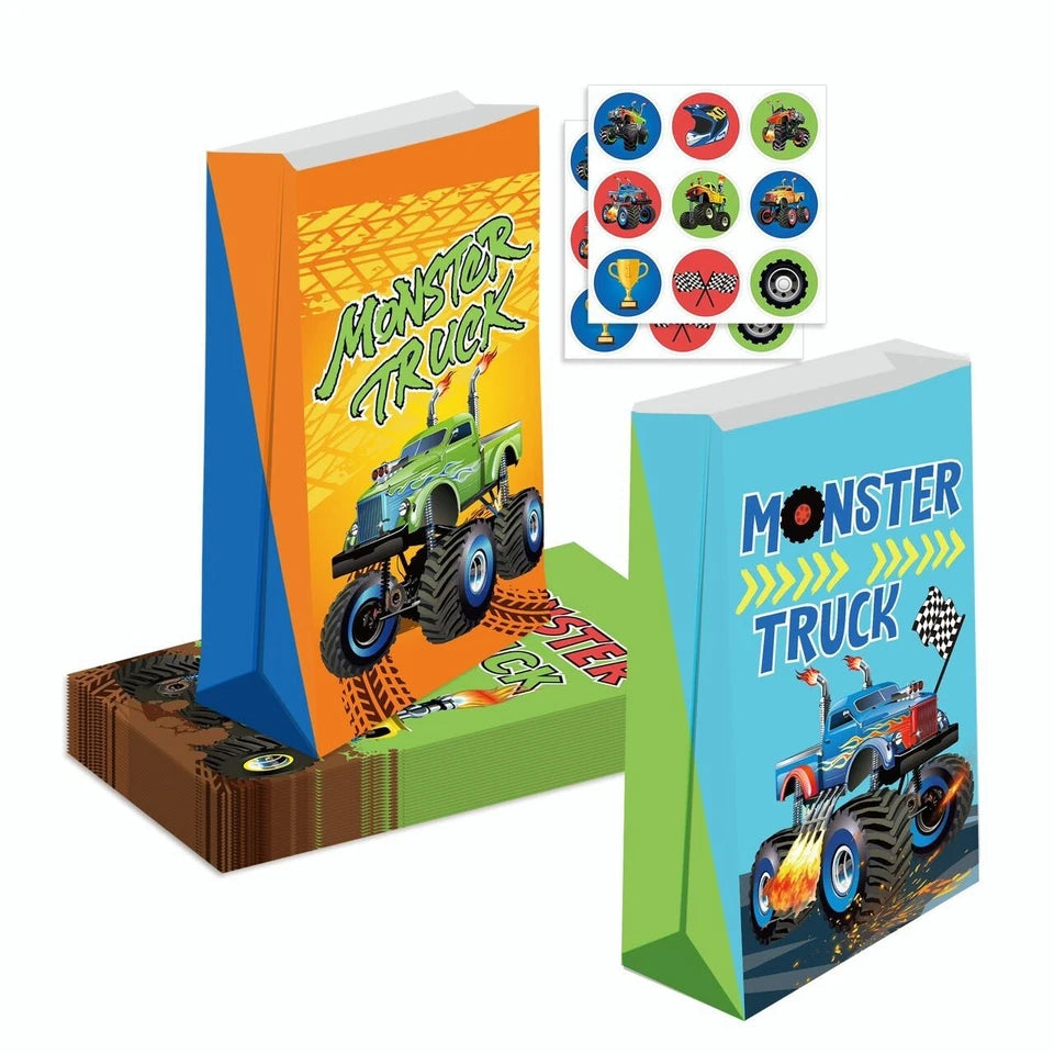 Monster Truck Paper Gift Bags with Sealing Stickers 12 Pack