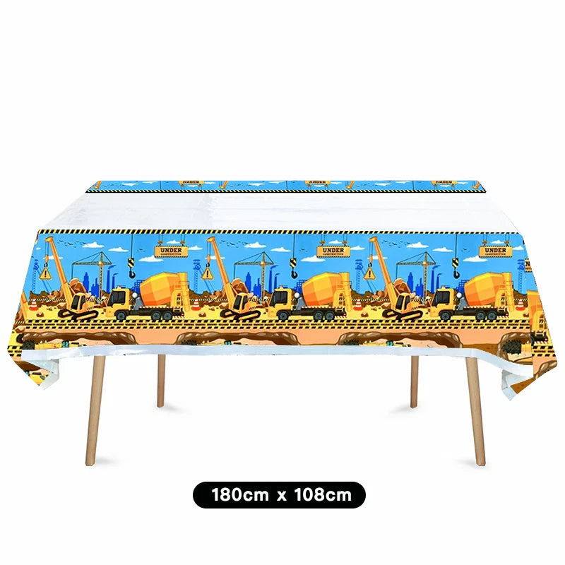 Construction Truck Theme Party Set | Backdrop Cake Toppers Balloons Tablecloth