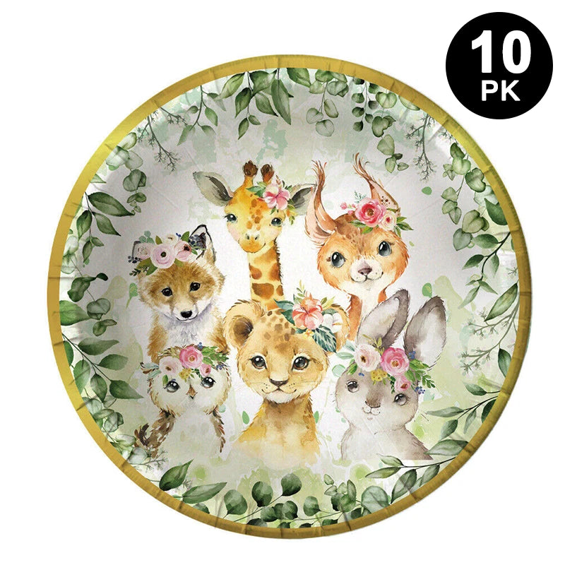 Watercolour Style Jungle Animals 9 inch 23cm Paper Plates Round 10 Pack