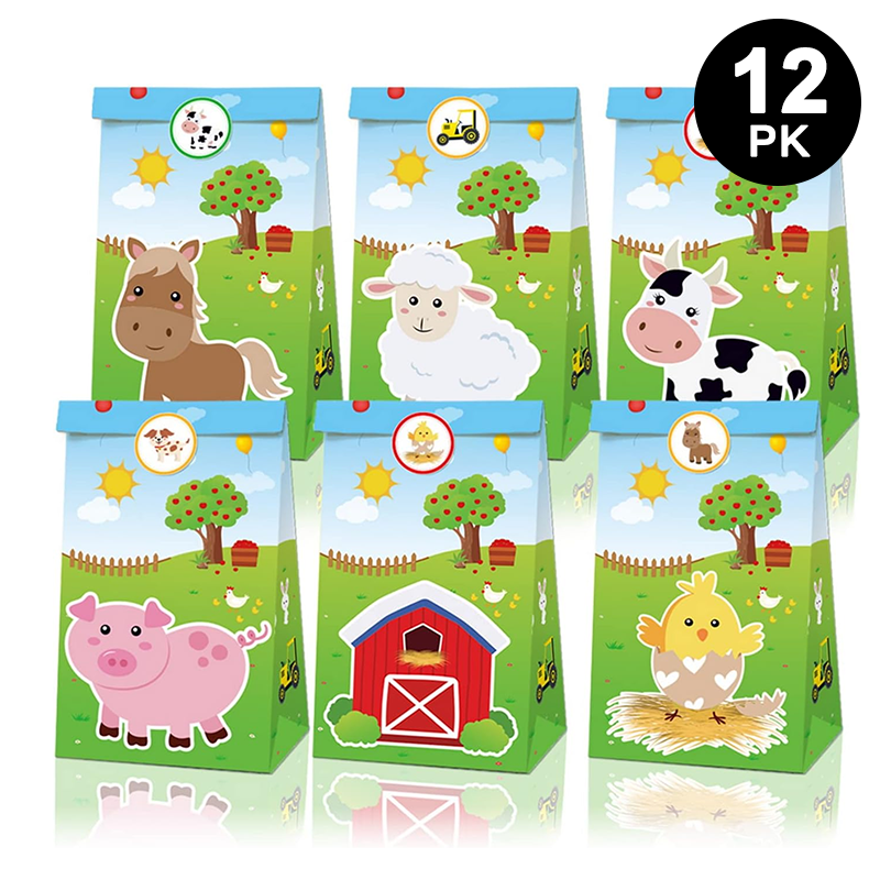 Farm Animals Paper Gift Bags with Mini Stickers 12 Pack