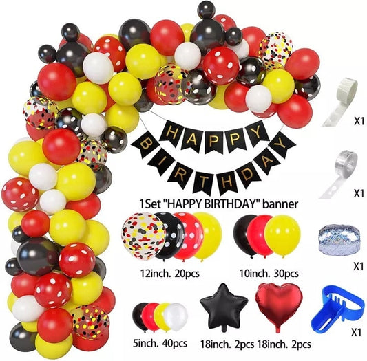 111pcs Mickey Mouse Theme Party Decorating Set | Birthday Banner | Red Black Yellow Balloon Garland Arch Kit for Kids Birthday Party Decor