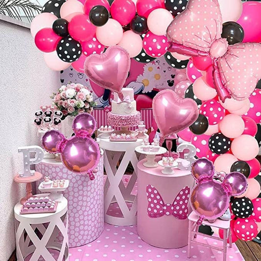 119pcs Minnie Mouse Theme Balloon Garland Arch Kit | Pink Bowknot Foil Balloons Black Pink Dots Balloons for Girls Birthday Party Decoration