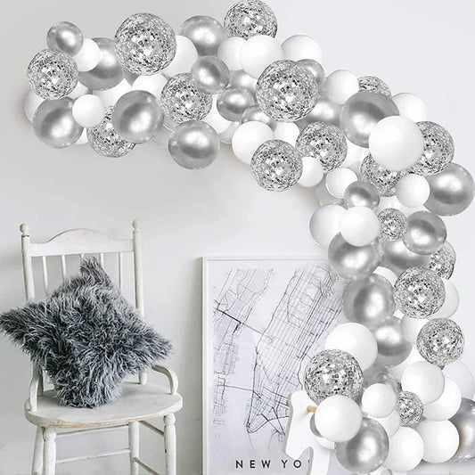 100pcs White Silver Balloon Garland Arch Kit | White Silver Metallic Confetti Balloons for Baby Shower Wedding Birthday Party Decorations