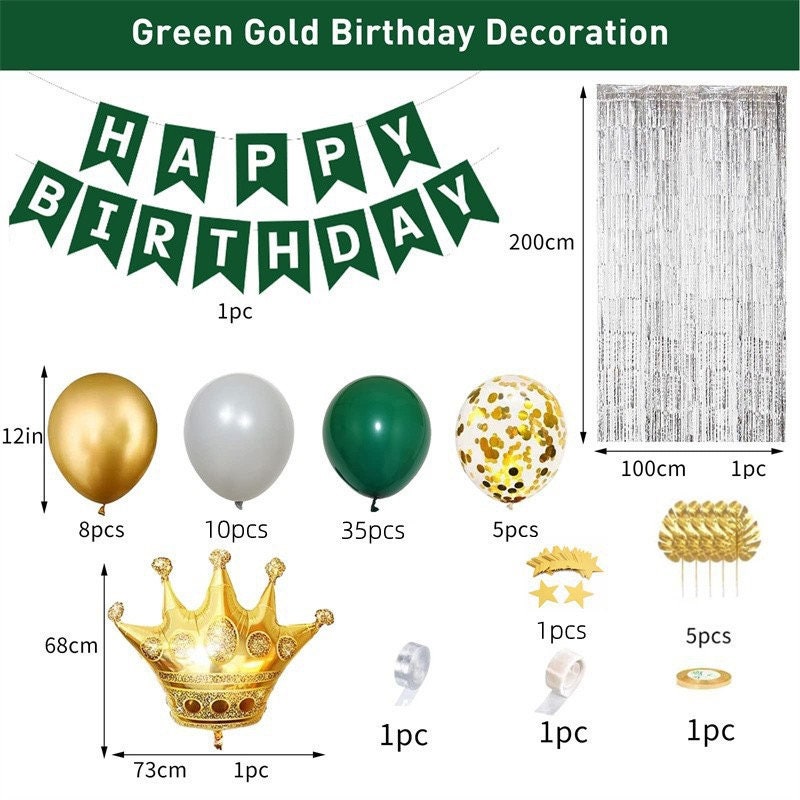 82pcs Gold Green Party Decorating Set | Birthday Banner | Balloon Garland | Crown Foil Balloon | Silver Curtain | Palm Leaves Party Decor