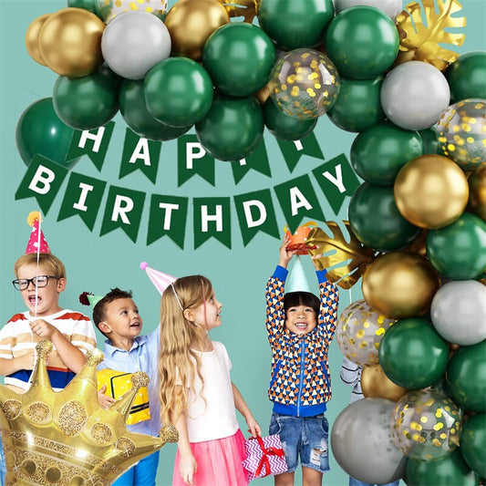 82pcs Gold Green Party Decorating Set | Birthday Banner | Balloon Garland | Crown Foil Balloon | Silver Curtain | Palm Leaves Party Decor
