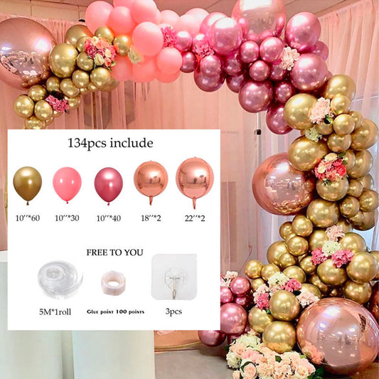 134pcs Chrome Gold Rose Pink Balloon Garland Arch Kit | 4D Rose Gold Balloons | Wedding Baby Shower Anniversary Birthday Party Decorations