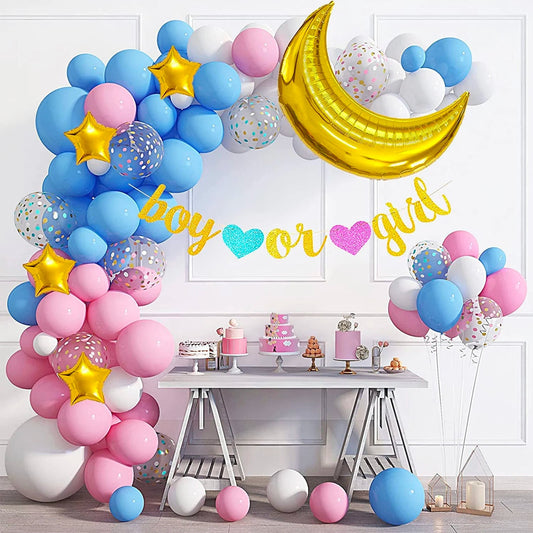 126Pcs Gender Reveal Balloon Garland Arch Kits | Gold Moon Star Foil Balloons Pink White Blue Confetti Balloons for Baby Shower Party Decor