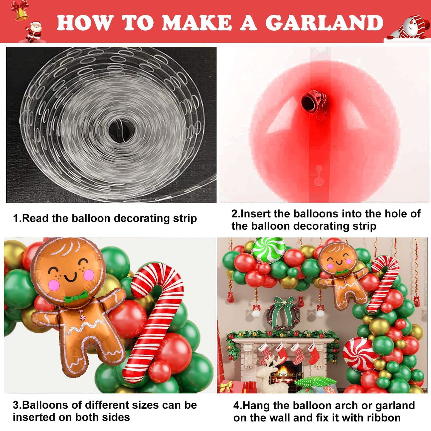 87Pcs Christmas Balloon Garland | Red Green Gold Balloon Arch Kit | Gingerbread Candy Cane Lollipop Foil Balloons for Xmas Party Decor