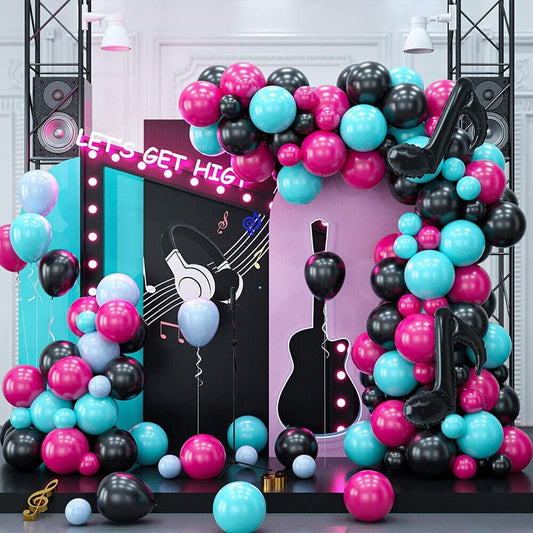 139PCS Tik Tok Music Theme Balloon Garland | Rose Red Blue Black Balloon Arch Kit | Musical Note Balloons for Birthday Party Decorations