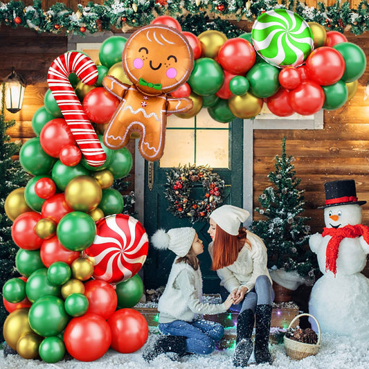 87Pcs Christmas Balloon Garland | Red Green Gold Balloon Arch Kit | Gingerbread Candy Cane Lollipop Foil Balloons for Xmas Party Decor
