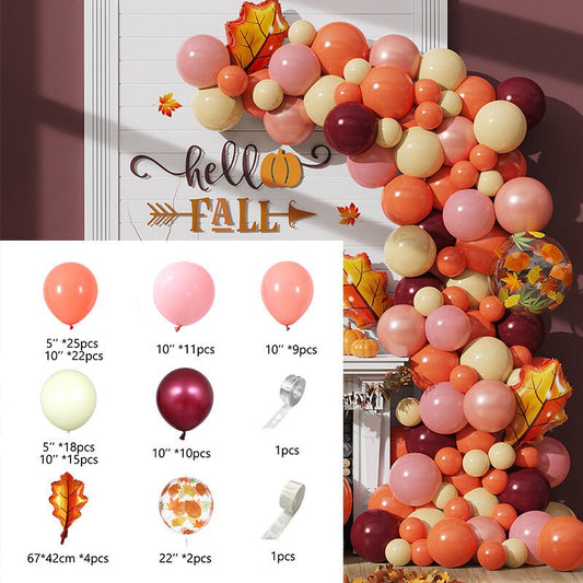 138pcs Fall Balloons Garland | Orange Burgundy Balloons Arch Kit with Maple Leaves for Autumn Harvest Thanksgiving Party Decorations