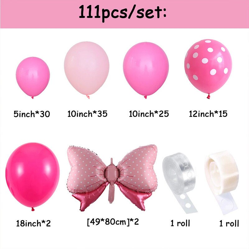 111pcs Minnie Mouse Theme Balloon Garland Arch Kit | Rose Pink Bowknot Balloons for Baby Shower Kids Birthday Party Decorations