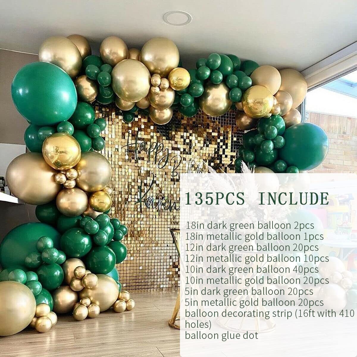 135pcs Green Metallic Gold Balloon Garland Arch Kit | Baby Shower Wedding Anniversary Graduation Birthday Party Decorations