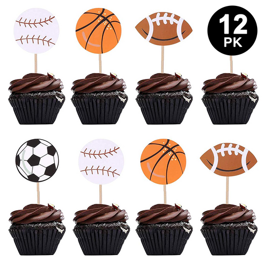 Sports Theme Basketball Soccer Baseball Rugby Cupcake Toppers 12pk