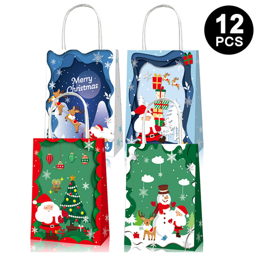 Merry Christmas Paper Gift Bags with Handle 12PK | Xmas Party Gift Bags