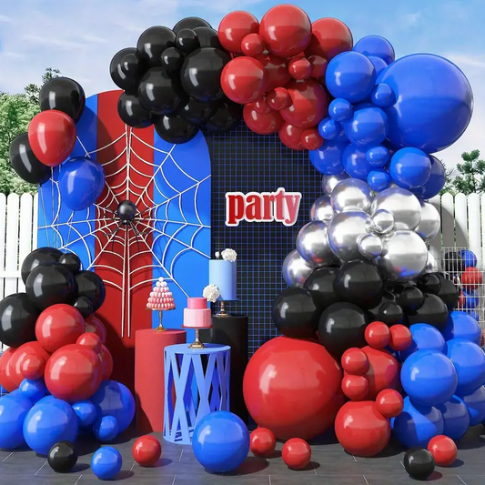 Red Blue Black Metallic Silver Balloon Garland Arch Kit | Suitable for Spider-Man Themed Party Decorations